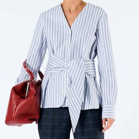 TIBI Liam Blue Stripe V-Neck Long Sleeve Shirt with Tie Sz 2 - Picture 1 of 7